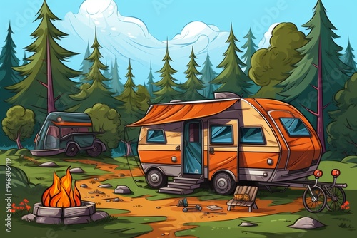 Fully equipped campsite featuring a tent and caravan in a scenic outdoor setting
