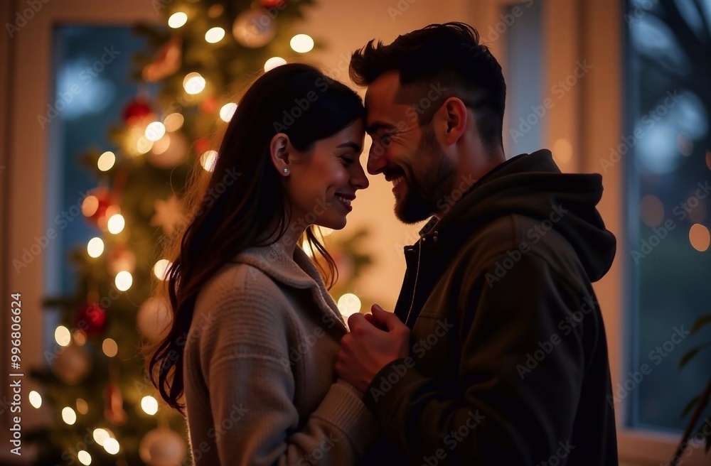 Young couple guy and girl hugging each other and looking at camera, Christmas tree with lights in the background. Young couple guy and girl hugging each other and looking at camera, Christmas tree with lights in the background.