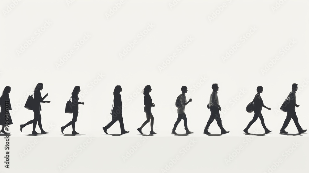 Dynamic and static human silhouettes in motion and rest against a clean white background Dynamic and static human silhouettes in motion and rest against a clean white background