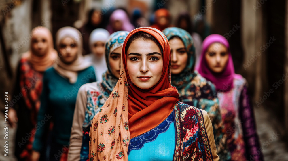 A group of women in a Turkish village wearing colorful traditional clothing, with intricate embroidery and headscarves, walking through a historic courtyard A group of women in a Turkish village wearing colorful traditional clothing, with intricate embroidery and headscarves, walking through a historic courtyard