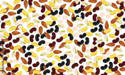 Healthy mixed nuts background. Vector illustration. Black beans, red beans, almonds, pistachio, macadamia, yellow beans. Healthy protein nutrition. Healthy food.