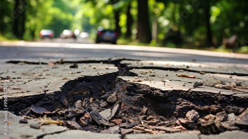 Close up view of road cone on pothole riddled asphalt highlighting need for detour signage