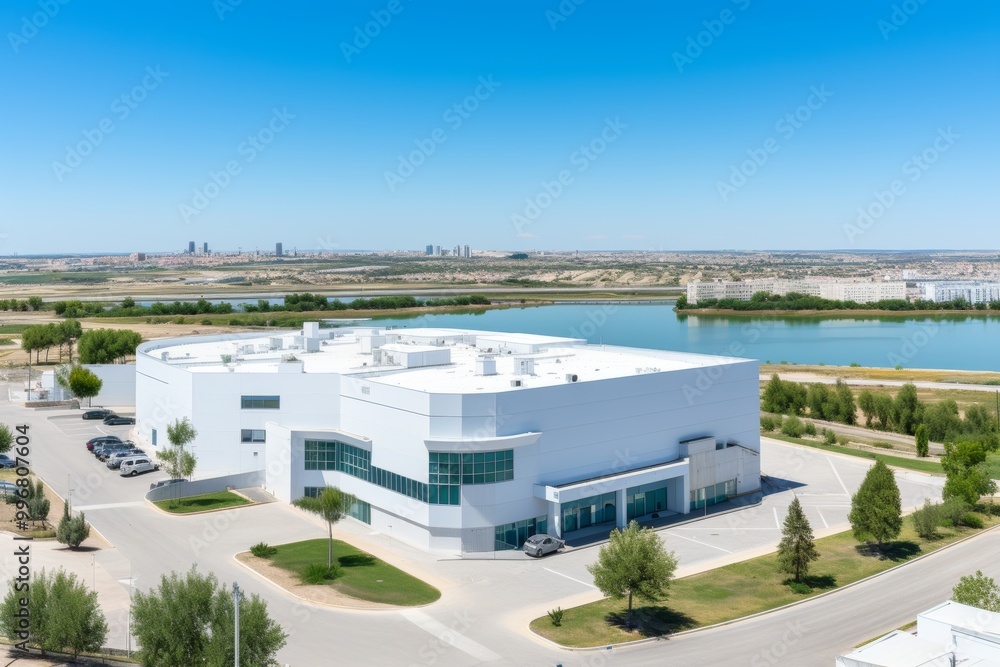 Sunny day overlooking large warehouses, office buildings, and logistics centers near the port Sunny day overlooking large warehouses, office buildings, and logistics centers near the port