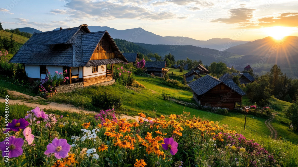 A picturesque scene of the Bulgarian countryside, showing traditional wooden houses, blooming meadows, and mountain views A picturesque scene of the Bulgarian countryside, showing traditional wooden houses, blooming meadows, and mountain views