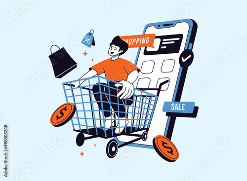 A man is enjoying online shopping, represented by his joyful expression and the various shopping elements surrounding him.