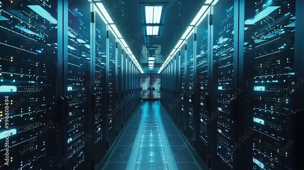 A server room filled with rows of sleek, modern servers and blinking lights A server room filled with rows of sleek, modern servers and blinking lights