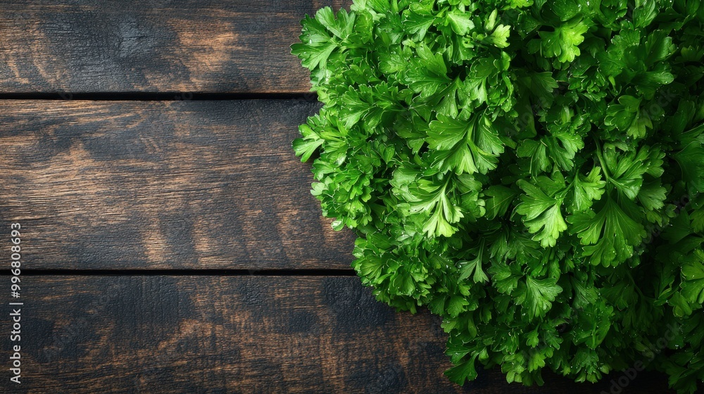 Fresh green parsley on wooden background.
