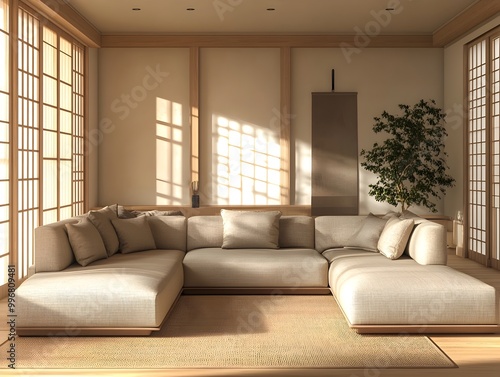 Cozy and Inviting Modern Living Room with Spacious Sectional Sofa in Soft Upholstery Minimalist Yet Refined Decor with Geometric Patterns and Serene Japanese Inspired Ambiance