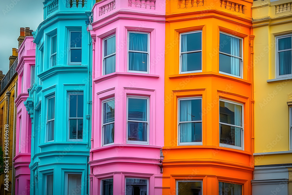 Fototapeta premium Pastel Houses in Notting Hill, London: Colorful Row of Architectural Beauty