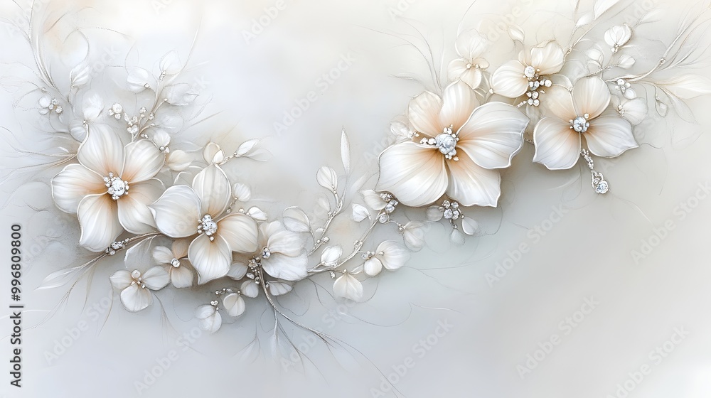 Exquisite white gold jewelry piece featuring a delicate and ethereal floral border design with cascading flower motifs in a soft blended color palette This nature inspired Exquisite white gold jewelry piece featuring a delicate and ethereal floral border design with cascading flower motifs in a soft blended color palette This nature inspired