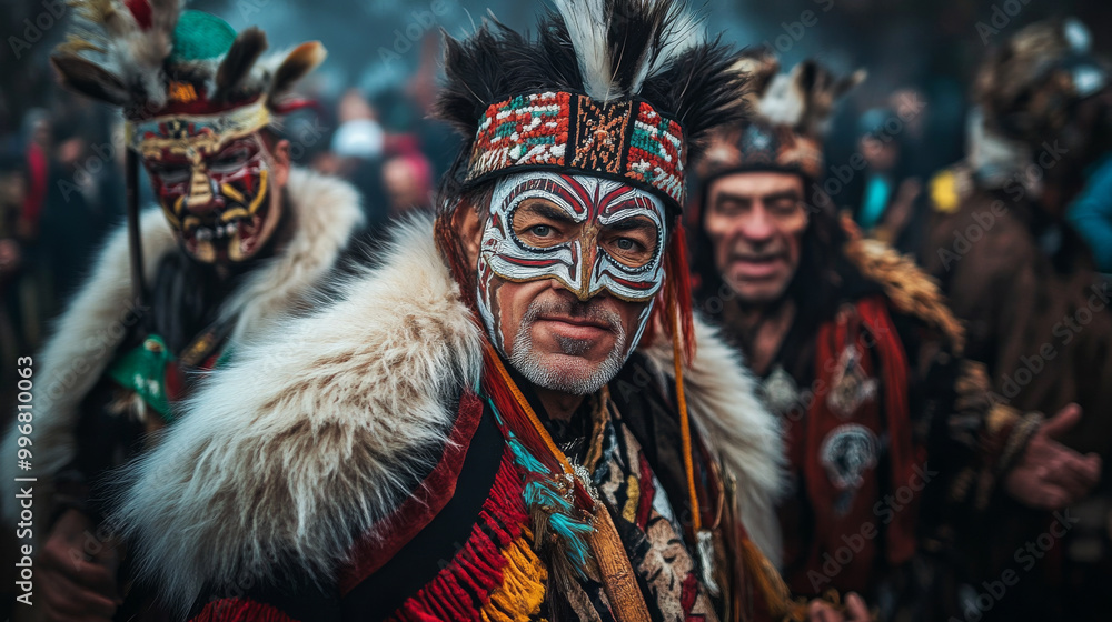 Fototapeta premium The Kukeri festival in Bulgaria, where masked men in elaborate costumes dance to ward off evil spirits in a vibrant street festival