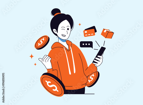 A young woman in an orange hoodie is excitedly using her smartphone, surrounded by coins, a credit card, a package, and a speech bubble. This suggests successful online shopping or a digital payment t