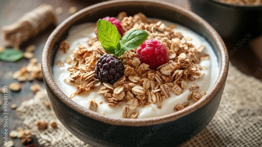 a bowl of homemade yogurt with freshly made granola on top a bowl of homemade yogurt with freshly made granola on top