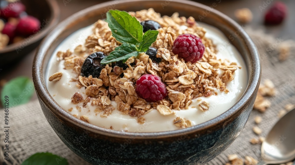 a bowl of homemade yogurt with freshly made granola on top a bowl of homemade yogurt with freshly made granola on top