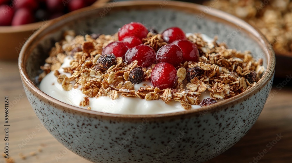 a bowl of homemade yogurt with freshly made granola on top a bowl of homemade yogurt with freshly made granola on top