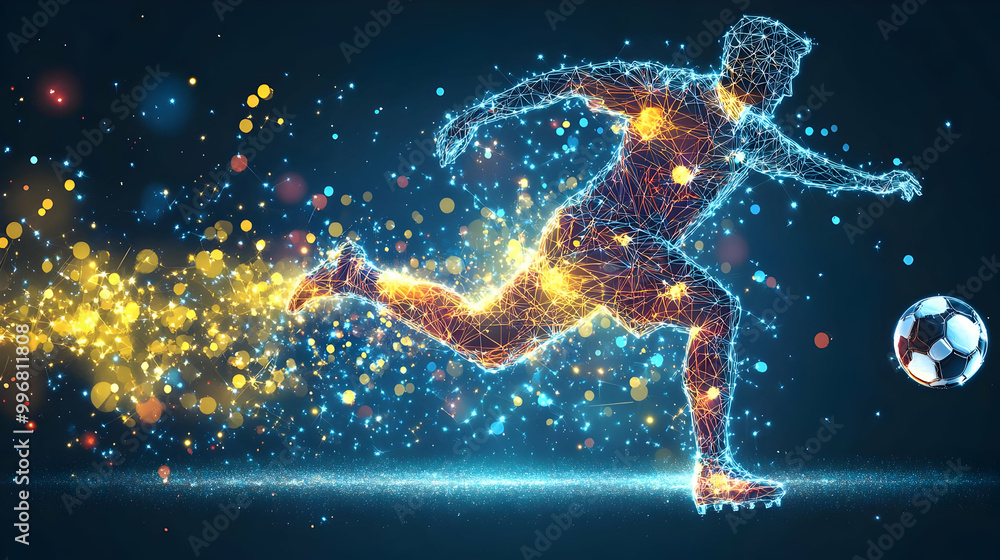 Fototapeta premium Abstract Soccer Player Kicks Ball with Energy Trails on Dark Background