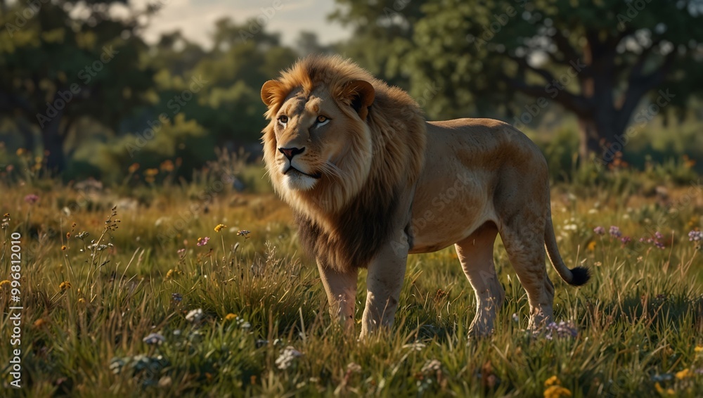 3D rendering of a lion in its meadow habitat. 3D rendering of a lion in its meadow habitat.