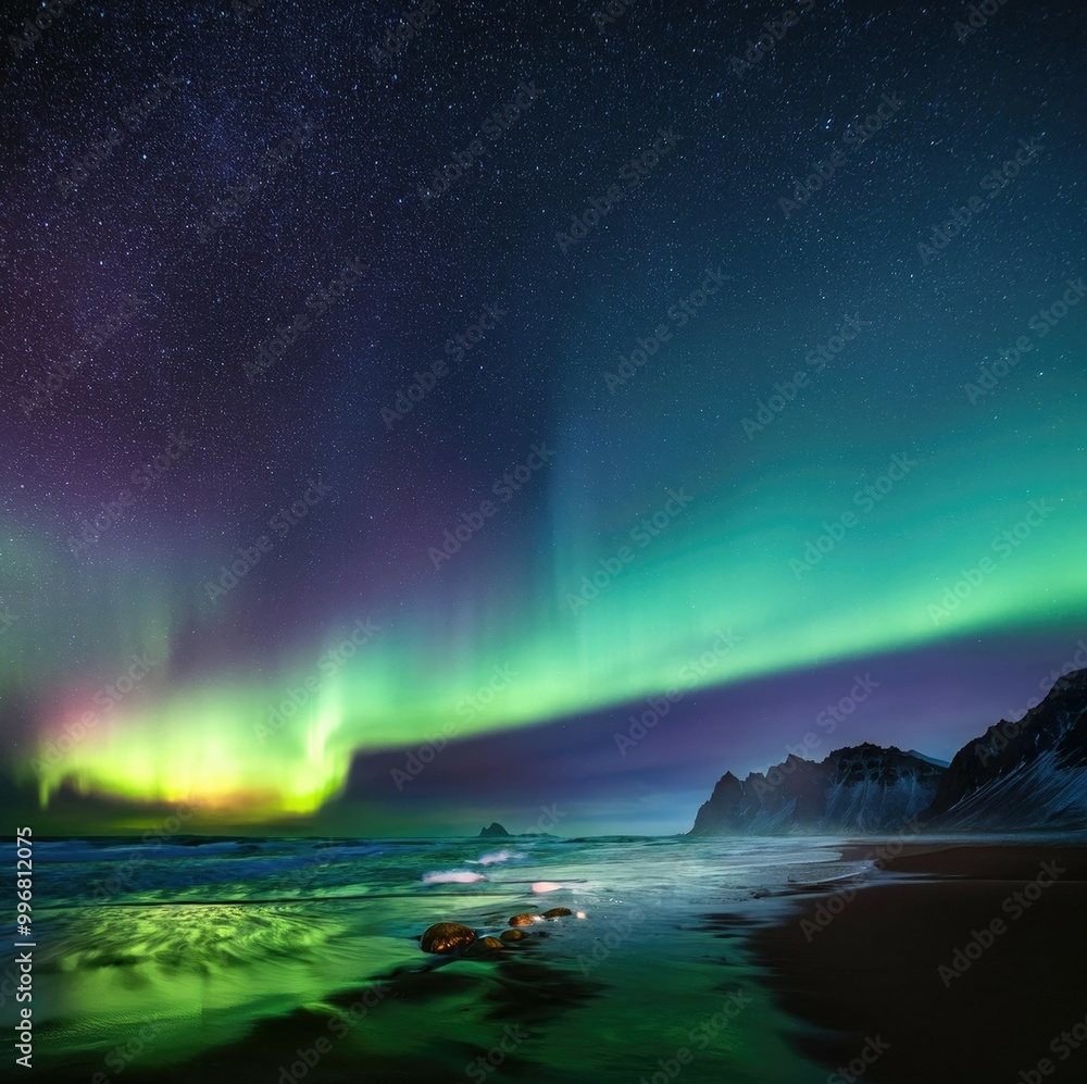 A breathtaking display of the Northern Lights illuminates a starry night sky over a tranquil beach with rocky cliffs in the background. A breathtaking display of the Northern Lights illuminates a starry night sky over a tranquil beach with rocky cliffs in the background.