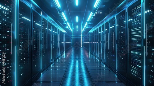 A sleek data center filled with rows of servers, illuminated by cool blue lights