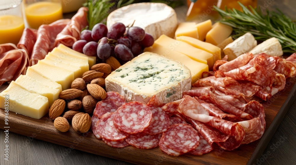 A board of artisan cheeses and charcuterie adorned with fruits and nuts A board of artisan cheeses and charcuterie adorned with fruits and nuts