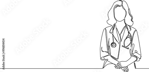 continuous single line drawing of female general practitioner with stethoscope, line art vector illustration