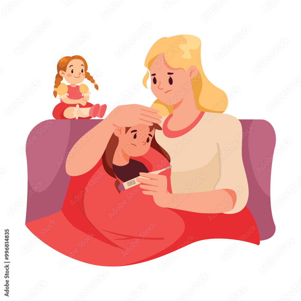 Parental Care for Sick Child with Woman Mom Sit at Daughter Bed Vector Illustration Parental Care for Sick Child with Woman Mom Sit at Daughter Bed Vector Illustration