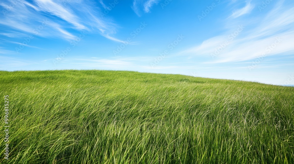 Tall green grass gently sways across the hills, creating a serene landscape under a vibrant blue sky dotted with wispy clouds on a sunny day Tall green grass gently sways across the hills, creating a serene landscape under a vibrant blue sky dotted with wispy clouds on a sunny day