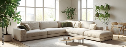 Cozy and Inviting Scandinavian Inspired Modern Living Room with Minimalist Decor and Pops of Greenery  3D Rendering Showcasing a Plush L Shaped Sectional Sofa Large Windows and Natural Lighting