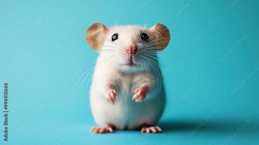 A cute white rat with pink ears and nose sits on a blue background. A cute white rat with pink ears and nose sits on a blue background.