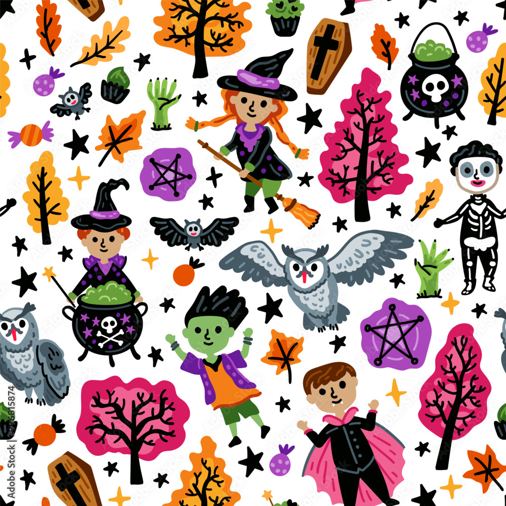 Seamless pattern of Halloween characters, Children in funny and scary witch, vampire and monster costumes background Seamless pattern of Halloween characters, Children in funny and scary witch, vampire and monster costumes background