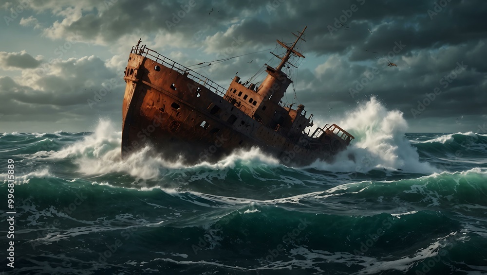 A rusty shipwreck is tossed by rough ocean waves, suitable for maritime disaster themes. A rusty shipwreck is tossed by rough ocean waves, suitable for maritime disaster themes.