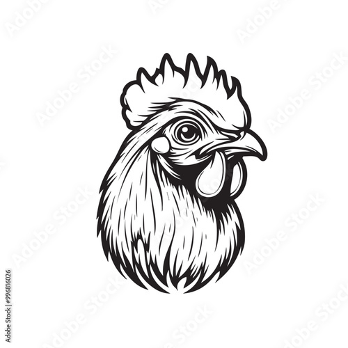 Rooster logo, chicken head mascot, black and white, vintage design template vector illustration