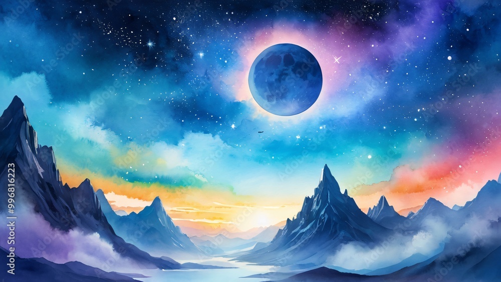Futuristic landscape, dreamy atmosphere, showcasing mountains and a cosmic moon, copy space Futuristic landscape, dreamy atmosphere, showcasing mountains and a cosmic moon, copy space