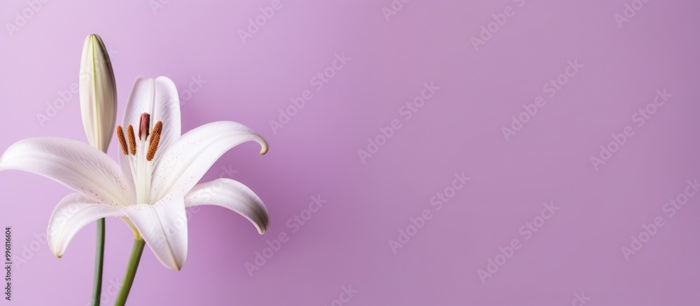 Naklejka premium A Single White Lily on a Lavender Background