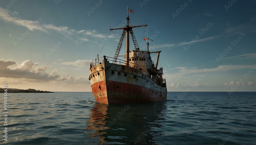 A weathered ship remains afloat, ideal for concepts of abandonment and maritime themes. A weathered ship remains afloat, ideal for concepts of abandonment and maritime themes.