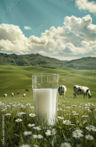 Fresh milk glass placed on flower-covered grass with grazing cows in a scenic green landscape under a bright sky