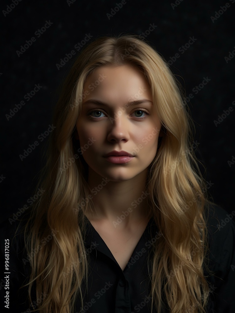 A woman with long blonde hair stands before a dark backdrop. A woman with long blonde hair stands before a dark backdrop.