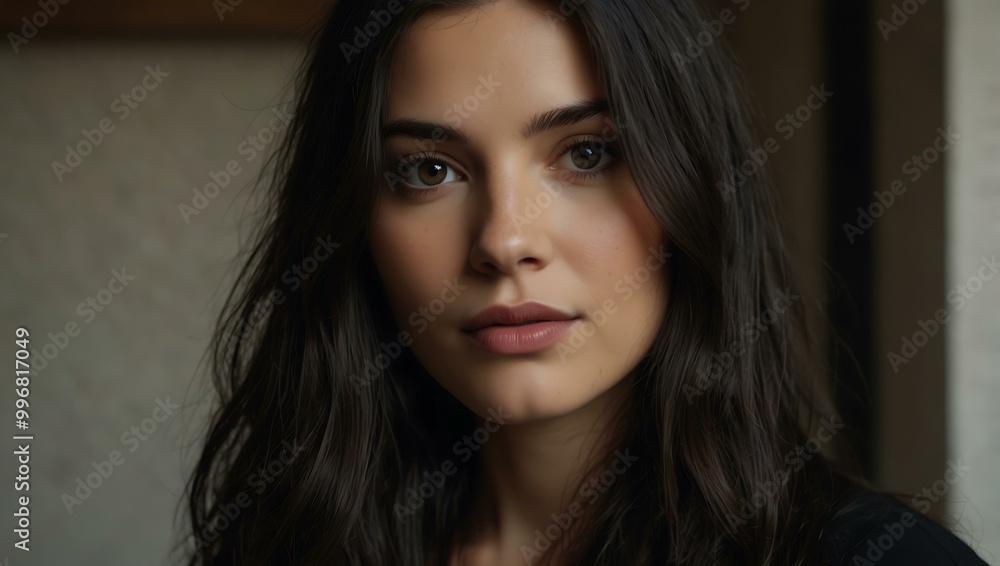 A woman with long, dark hair poses for the camera. A woman with long, dark hair poses for the camera.
