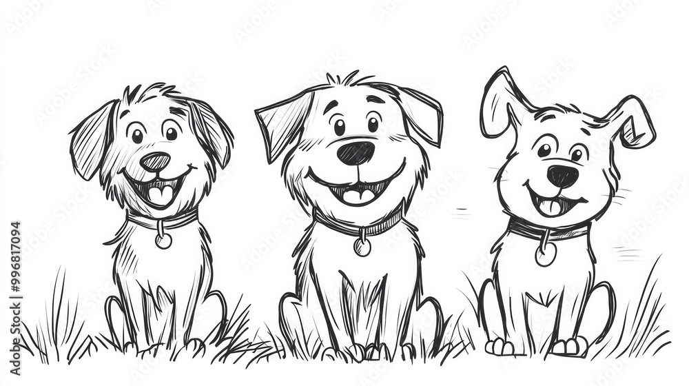 Three joyful dogs sit together, portrayed in a charming minimalistic ink line art style Three joyful dogs sit together, portrayed in a charming minimalistic ink line art style