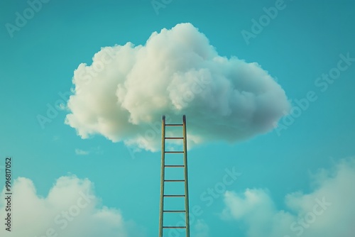 A wooden ladder reaching up into a fluffy cloud against a blue sky creates a whimsical and surreal atmosphere during daylight