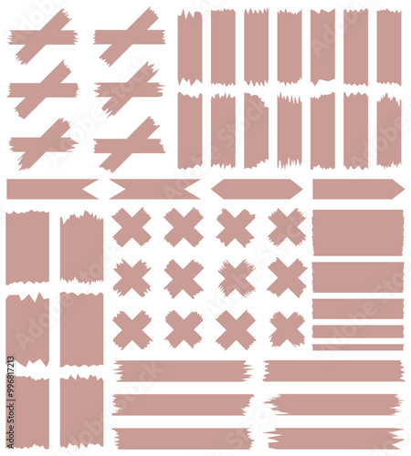 Set of brown washi tapes isolated on white. Tapes collection in vector. Pieces of decorative tape for scrapbooks. Torn paper	