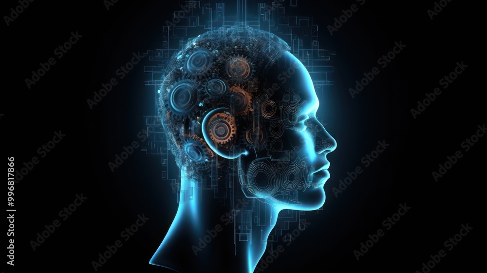 Artificial Intelligence Conceptualized - Glowing Blue Head with Gears Artificial Intelligence Conceptualized - Glowing Blue Head with Gears