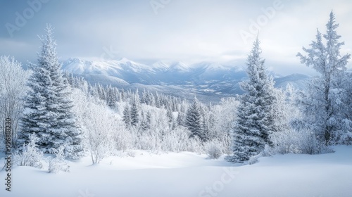 This tranquil winter landscape features snow-laden trees blanketing the ground and picturesque mountains in the distance, creating a serene atmosphere