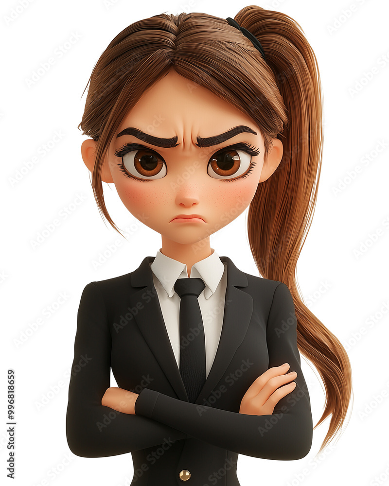 Angry expression young woman person portrait wearing Dark Sharp suit with black necktie isolated on transparent background Angry expression young woman person portrait wearing Dark Sharp suit with black necktie isolated on transparent background