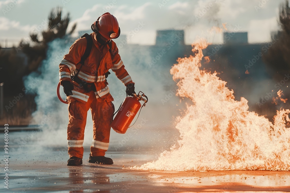 firefighter fighting with fire flames with fire extinguisher firefighter fighting with fire flames with fire extinguisher