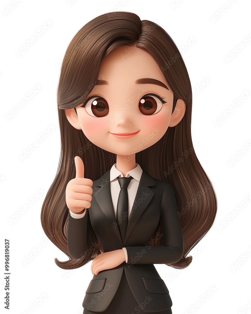Thumb up with glad expression young woman female person wearing Dark Sharp suit with black necktie isolated on transparent background Thumb up with glad expression young woman female person wearing Dark Sharp suit with black necktie isolated on transparent background