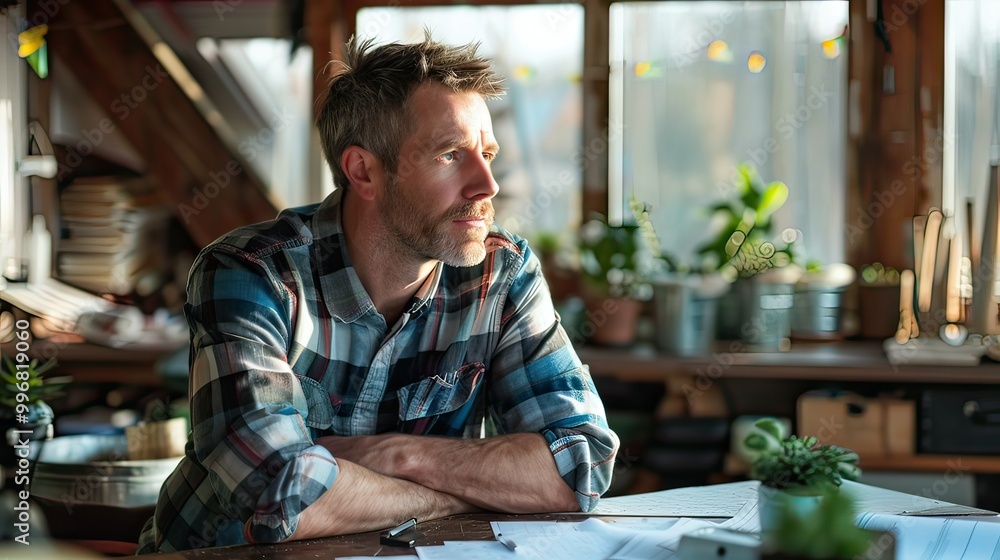 A farmer looking pensively into the distance, with plans for the future spread out on a table behind him. A farmer looking pensively into the distance, with plans for the future spread out on a table behind him.