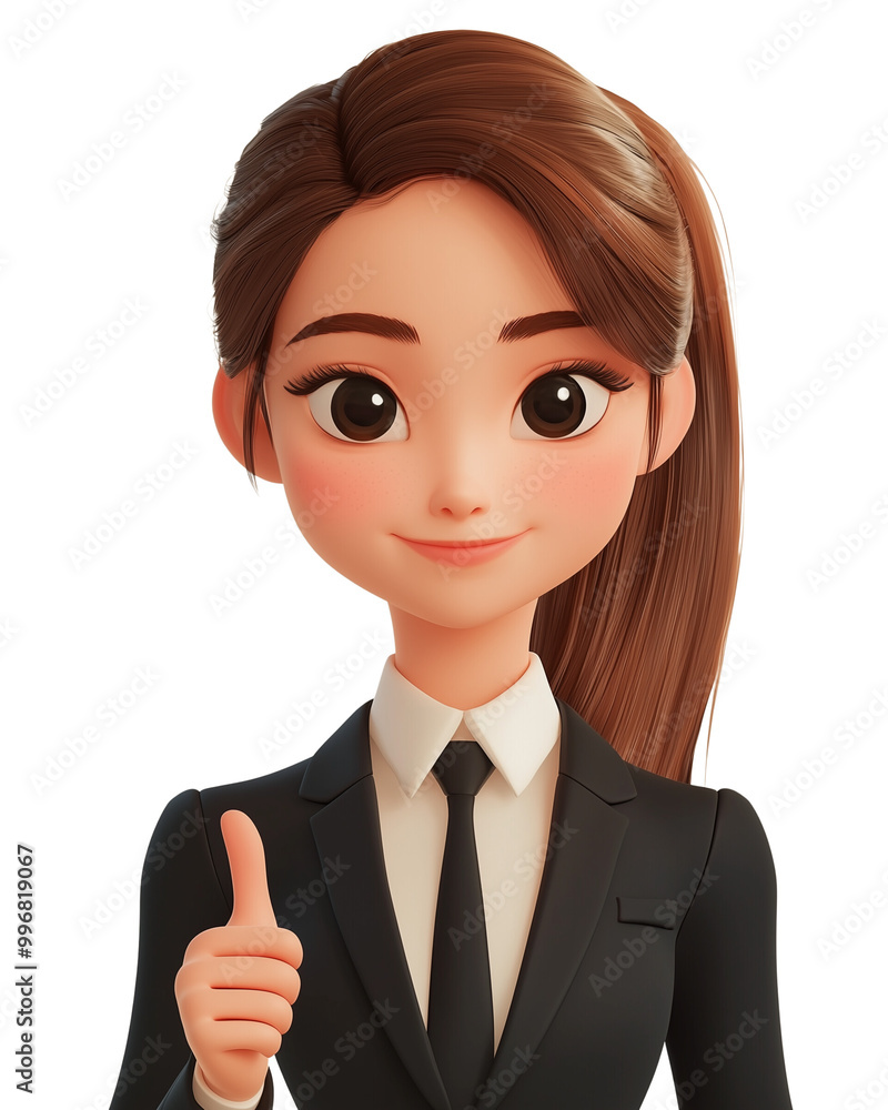 Thumb up with glad expression young woman female person wearing Dark Sharp suit with black necktie isolated on transparent background Thumb up with glad expression young woman female person wearing Dark Sharp suit with black necktie isolated on transparent background