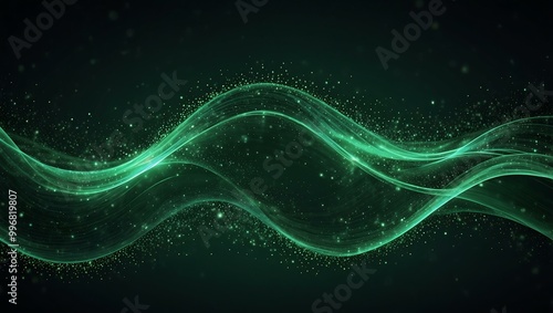 Abstract green wavy form with sparkling particles.