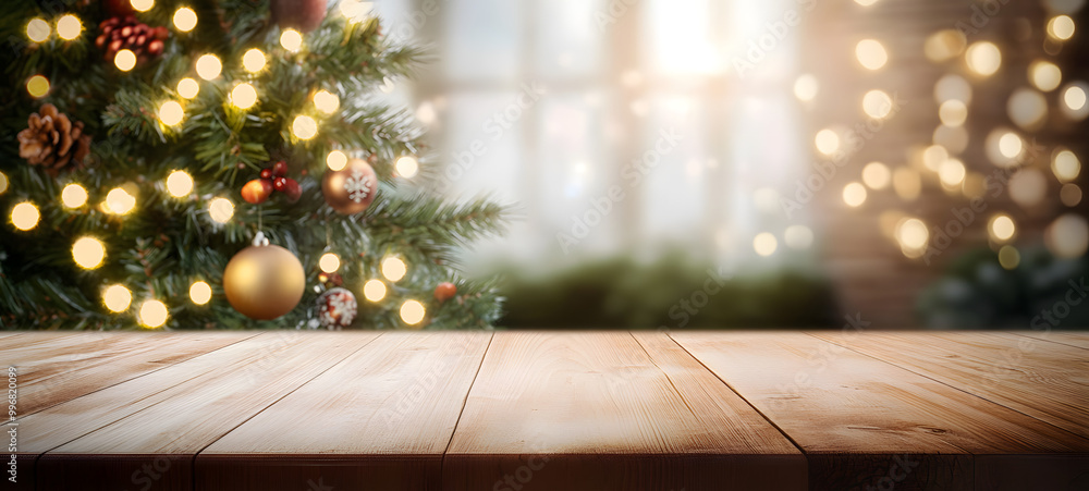 A wood table, tabletop product display with a festive Christmas background of Christmas tree and fairy lights. A wood table, tabletop product display with a festive Christmas background of Christmas tree and fairy lights.